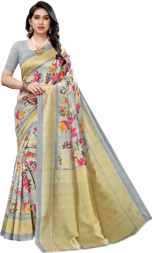 यशिका डिज़ाइनर विमेंस साड़ी आर्ट सिल्क विद अन्स्टिच ब्लाउज पीस (ग्रे, 6M) (Y-29)