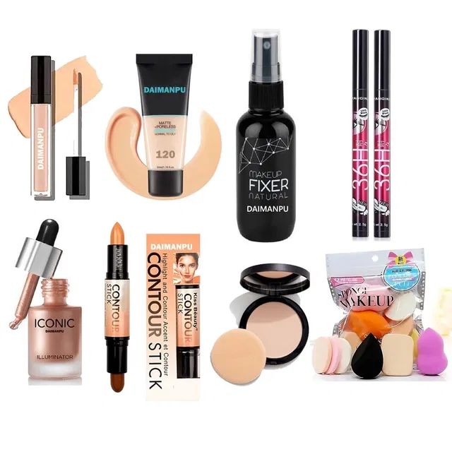 Combo of Fixer, Beauty Blenders, Liquid Shimmer Illuminator, Concealer, Compact Powder & Lipsticks for Women (Multicolor, Set of 8)