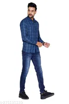 Cotton Blend Checkred Shirt for Men, Blue 