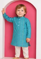 Cotton Blend Printed Kurta with Payjama for Boys, Teal & White 