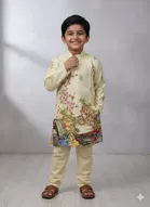 Silk Blend Printed Kurta & Payjama Set For Boys, Yellow 