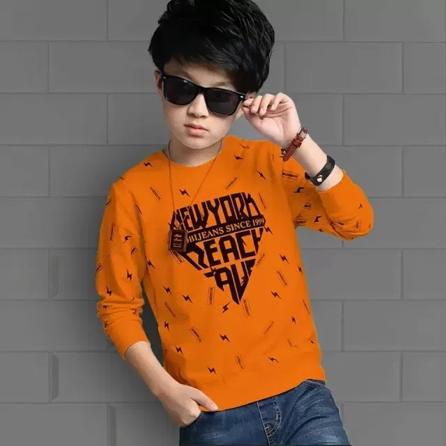 Cotton Blend Round Neck T-Shirt for Boys (Orange & Black, 6-7 Years)