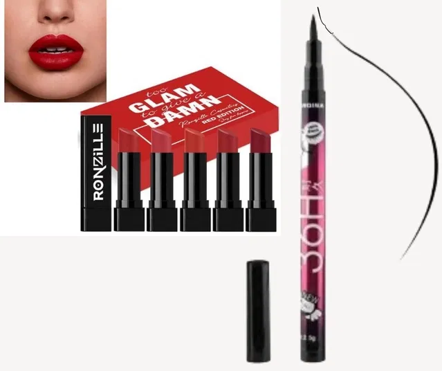 Combo of 36H Waterproof Eyeliner & 5 Pcs Glam Damn Mini Lipsticks (Multicolor, Set of 6)