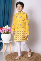 Cotton Printed Kurta with Payjama for Boys, Yellow & White 