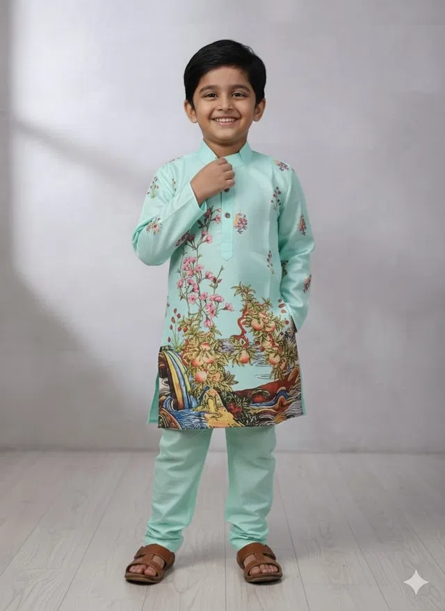 Silk Blend Printed Kurta & Payjama Set For Boys, Green (7 - 8 Years)