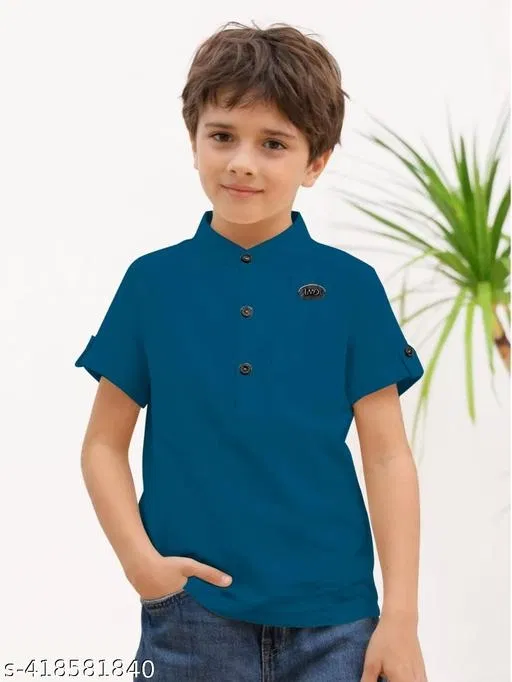 Solid Cotton Blend Kurta Set for Boys (Teal, 8-9 Years)