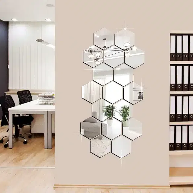 Acrylic Hexagon Shaped Wall Mirror Stickers (Silver, Pack of 17)