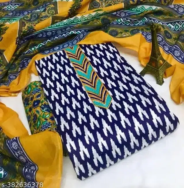 Cotton Printed Unstitched Dress Material for Women (Navy Blue)