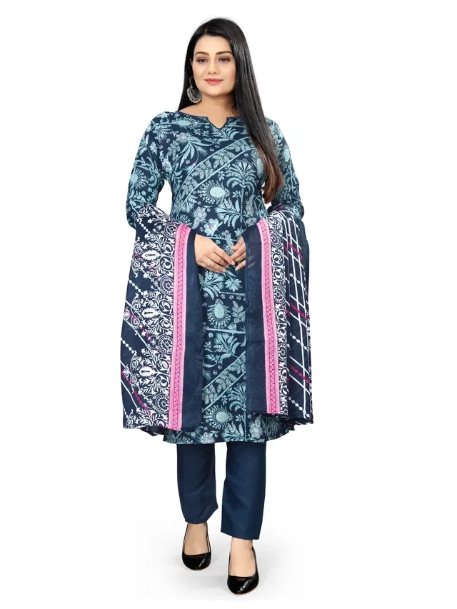 Cotton Printed Unstitched Suits Fabric for Women (Blue)