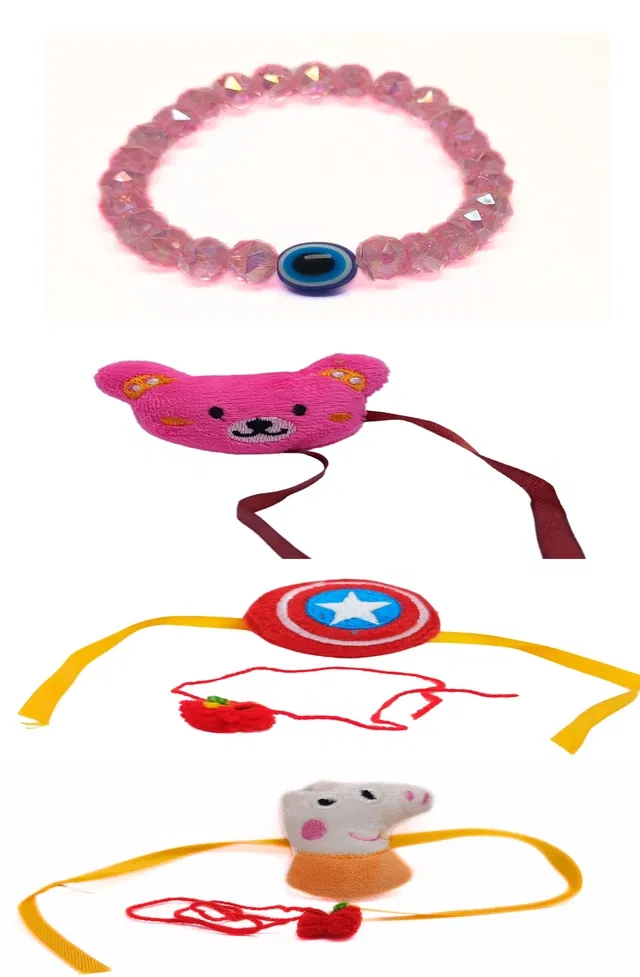 Synthetic 3 Pcs Rakhi with Bracelet for Kids (Multicolor, Set of 1)