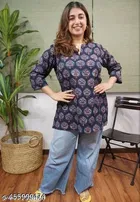 Cotton Printed Short Kurti for Women, Blue 
