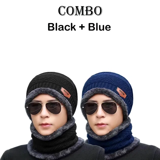 Woolen Fur Winter Cap with Neck Warmer for Men (Black & Blue, Free Size) (Pack of 2)