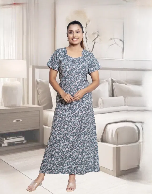 100% Cotton Floral Print Nightdress for Women (Grey, Free Size)