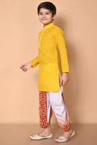 Cotton Embellished Kurta with Dhoti for Boys, Yellow & White 