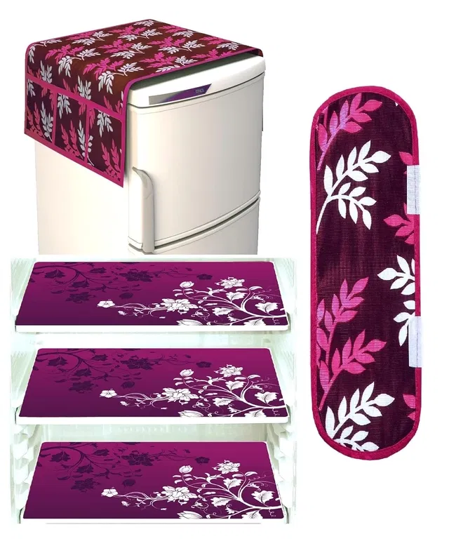 PVC Fridge Top Cover with 6 Utility Pockets & Handle Cover with 3 Pcs Shelf Mats (Multicolor, Set of 1)