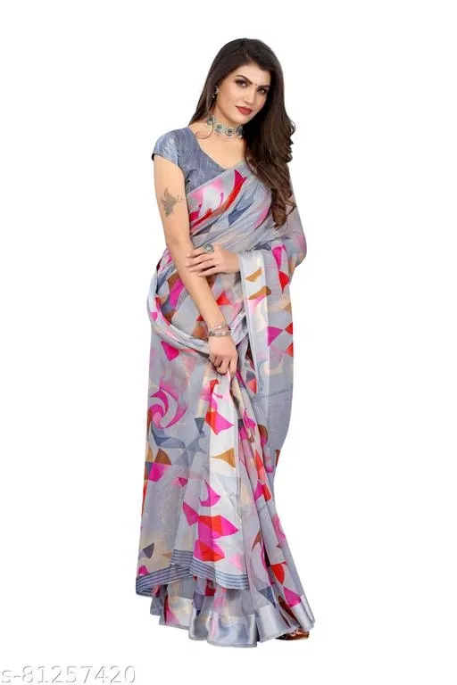 Linen Printed Saree for Women, Grey (6.3 m)