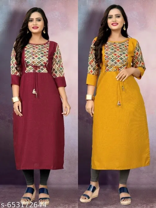 Solid Tassels and Latkans Cotton Blend A-line Kurti for Women, Pack of 2 (Yellow, 6XL)