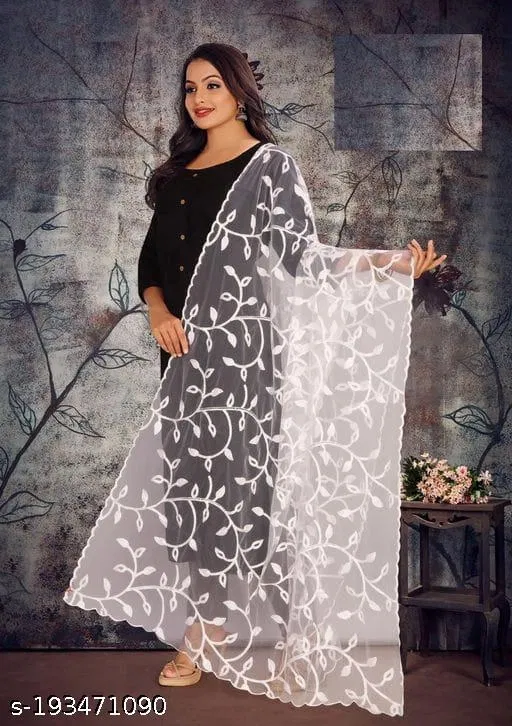 Botanical Embroidered Net Dupatta for Women (White, Free Size)