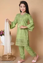 Solid Rayon Kurta Set with Lace for Girls 