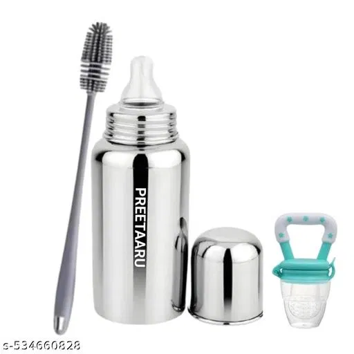 Steel Feeding Bottle, Soft Silicone Fruit Nibbler With Bottle Cleaning Brush