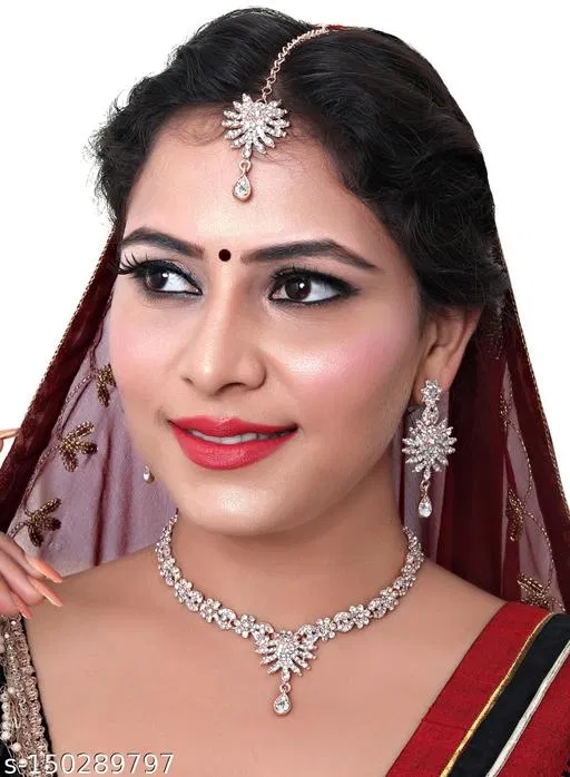 Partywear Diamond Necklace Set with Tikka for Women (White, Free Size)