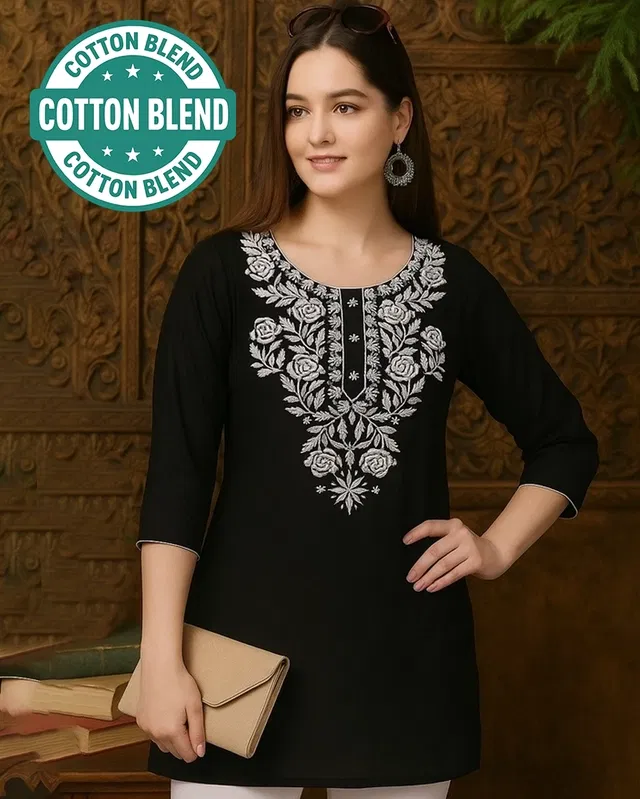 Cotton Embroidered Short Kurti for Women (Black, XL)