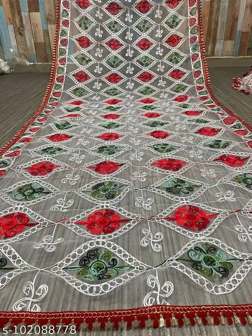 Embroidered Punjabi Net Floral Sewing & Embroidery (White, Free Size)