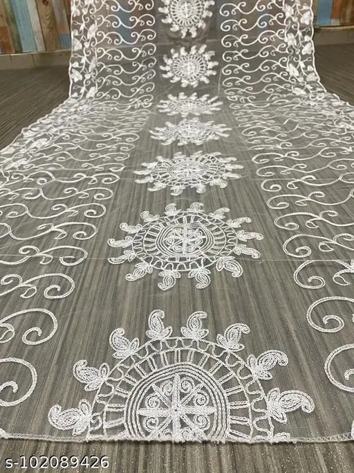 Floral Aari Work Embroidered Net Dupatta for Women (White, Free Size)