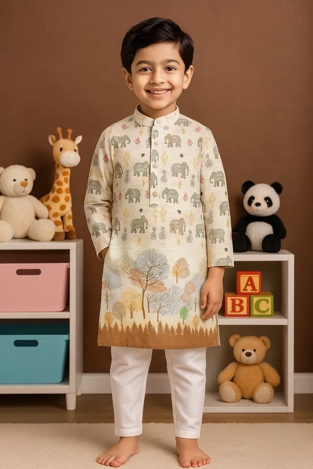Cotton Blend Printed Kurta with Payjama for Boys, Brown & White (7-8 Years)