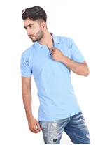 Poly Cotton Solid Polo Neck T-Shirt for Men, Sky Blue 