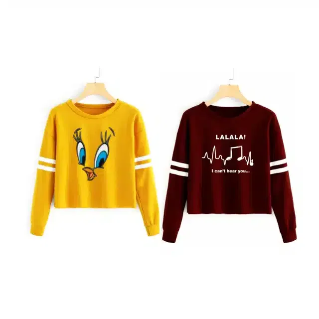 Full Sleeves Printed T-shirt for Women (Pack of 2) (Yellow & Maroon, XL)
