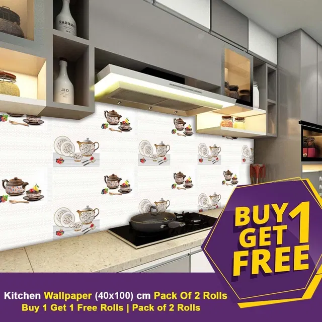 Vinyl Wallpaper for Kitchen Wall (Multicolor, 100x40 cm) (Pack of 2)