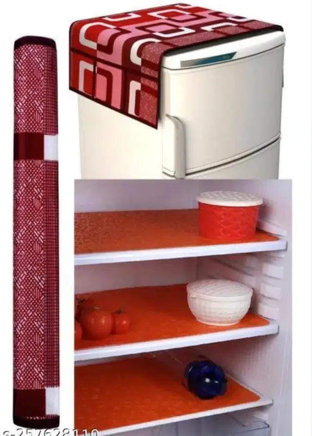 Knit Printed Fridge 3 Pcs Mat with Top & Handle Cover (Red, Set of 1)