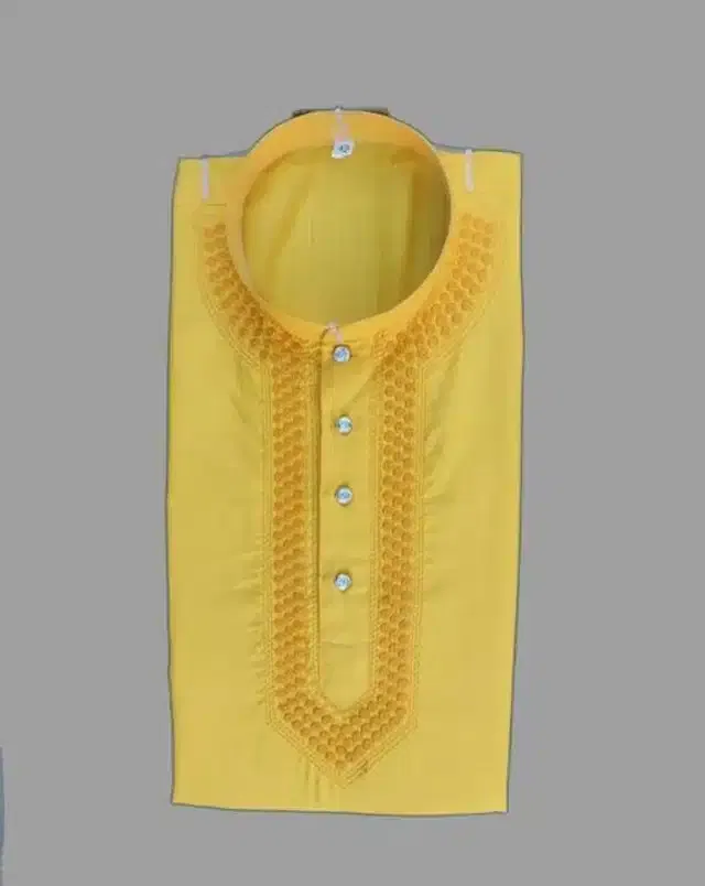 Cotton Blend Embroidered Kurta for Men (Yellow, XXL)