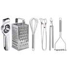 Oc9 Stainless Steel Lemon Squeezer & 4 in 1 Grater Or Slicer & Egg Whisk & Pakkad & Roti Chimta & Potato Masher Kitchen Tool Set 