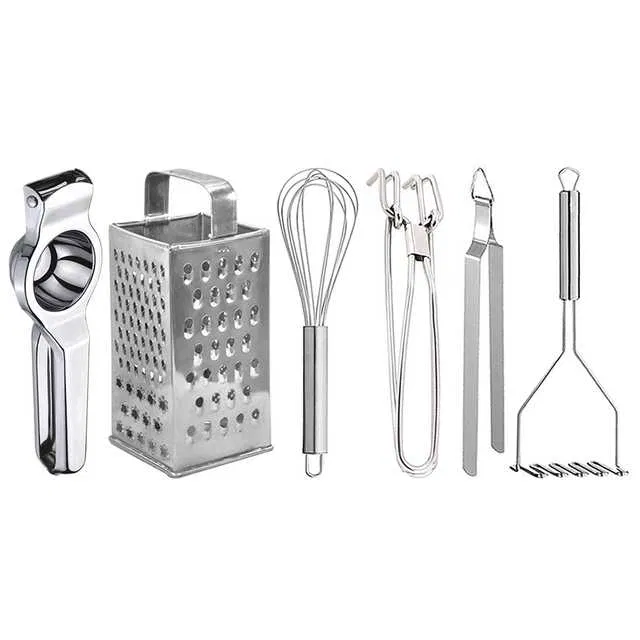 Oc9 Stainless Steel Lemon Squeezer & 4 in 1 Grater Or Slicer & Egg Whisk & Pakkad & Roti Chimta & Potato Masher Kitchen Tool Set (O-158)