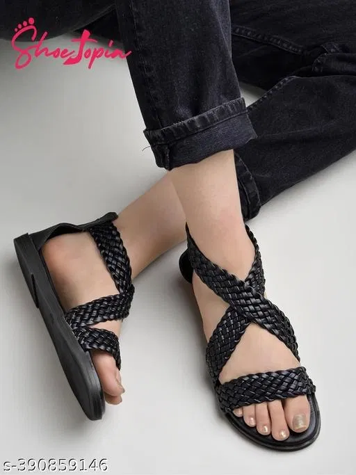 Shoetopia Solid Sandals (Black, IND-3)