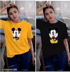 Cotton Blend Printed T-Shirt for Women, Black & Yellow, Pack of 2 