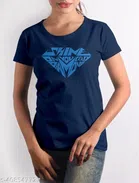 Cotton Round Neck Printed T-Shirt for Women (Navy Blue, XL)