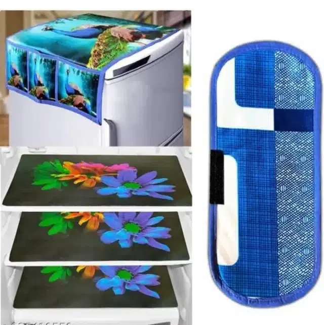 Knit Printed Fridge 3 Pcs Mat with Top & Handle Cover (Multicolor, Set of 1)