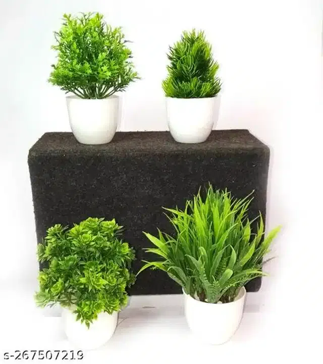 Artificial Plants with Pot (Green & White, Set of 4)