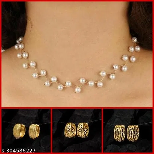 Alloy Necklace with 3 Pair Earrings for Women (Multicolor, Set of 4)