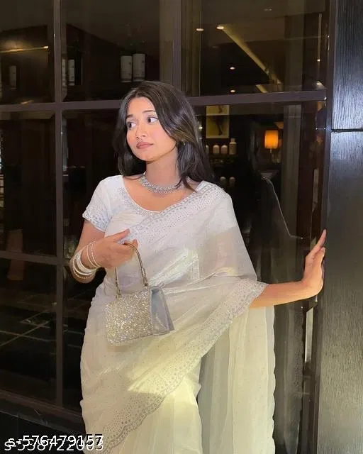 Chiffon Solid Saree For Women, White