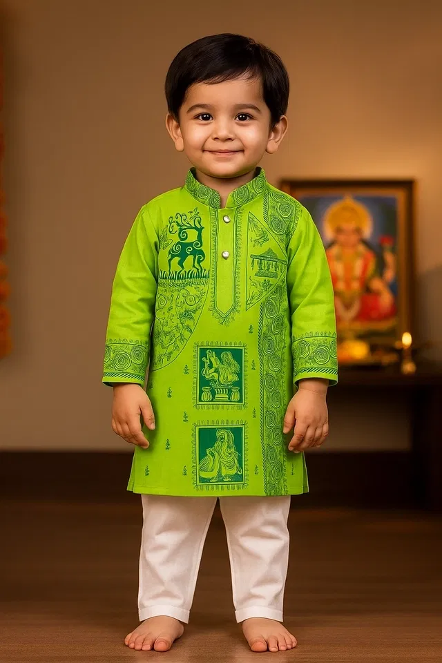 Cotton Printed Kurta with Payjama for Boys, Green & White (4-5 Years)