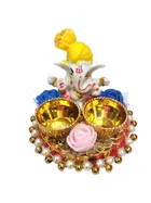 Metal Decorative Ganpati Haldi Kumkum Stand with 2 Roli Chawal Holder, Multicolor