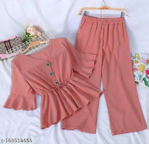 Polyester Solid Top & Bottom Set for Women, Peach (M)