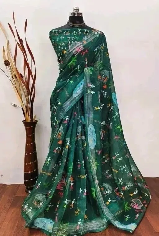 Cotton Linen Printed Saree for Women (Green, 6.3 m)