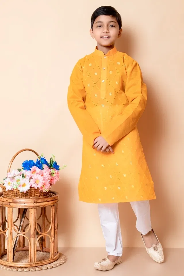 Cotton Blend Embroidery Kurta with Payjama for Boys, Yellow & White (8-9 Years)