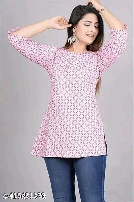 Cotton Printed Short Kurti for Women, Pink (M)