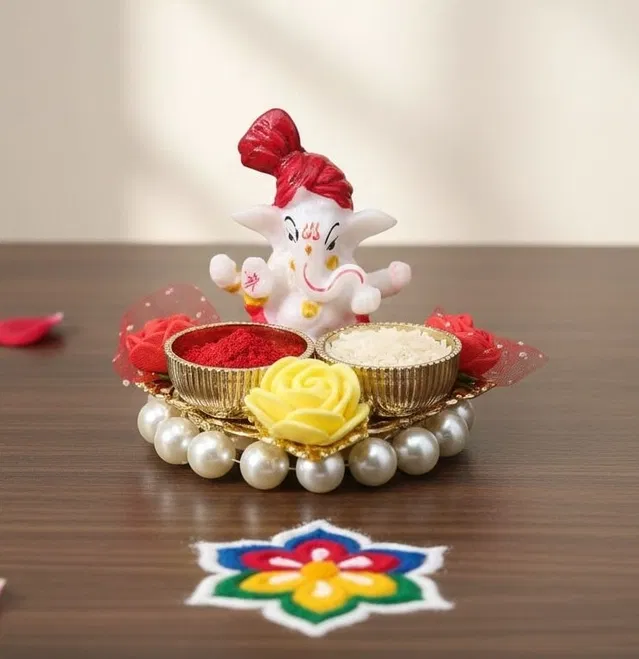Metal Decorative Ganpati Haldi Kumkum Stand with 2 Roli Chawal Holder, Multicolor